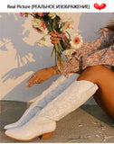 Onlymaker Women White Knee High Boots Western Cowboy Boots Wide Calf Embroidered Pointed Toe Block Heel Pull-On Cowgirl