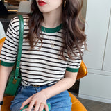 Zingj Silk Short-Sleeved Sweater Women's Thin Striped T-Shirt Large Size Korean Version Bottom Summer Half-Sleeved Chic