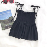 Women Off Shoulder Stretch Solid Elegant Adjustable Chiffon Soft Lady Spaghetti Strap Top Summer Sexy Girls Crop