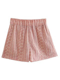 Pink Shorts Set Woman 2 Pieces Summer Embroidery High Waist Bermuda Shorts And Top Set Vacation Outfits For Women 2025 211-0-Outfit