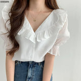 Summer Ruffled Lapel Chiffon Shirt Women Blouses Korean Style Elegant Sweet Puff Sleeve Tops Female Blusas