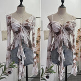 Kinking Of The Net Yarn Irregularly Kinked Lotus Lobe Slings Shoulder Horn Sleeve T-Shirt Short Top