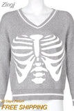 Skulls Blue Knitted Sweaters for Women Fashion Winter Tops Oversized Jumper V Neck Long Sleeve Pullovers Halloween