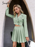 Elegant a-line pleated two piece suit sets women Office lady v-neck button mini skirt set lapel Spring crop blazer