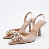 ZAR 2022 Summer Leopard Pumps for Women Fashion Ponited Toe Rhinestone Interchangeable Strap Party Heels Feminine Vintage