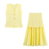 Women's 2025 Summer New V-Neck Gold Button Knitted Vest + Folding Skirt