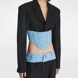 Zingj New Fashion Long-Sleeved Suit Jacket Splicing Jeans Waist To Show Thin After The Zipper Suit