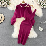 Zingj Temperament Round Neck Nail Bead High Waist Short Show Navel Sweater Two Sets Of Knit Vest Dress Female