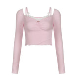 Zingj Soft And Sweet Pink Lace Long-Sleeved T-Shirt Slim Knit Chest Crop