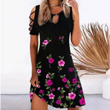 Women Floral Print Party Dresses Sexy Summer Short Sleeve O-Neck Mini Dress For Ladies Hollow Out Design Elegant Dress