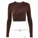 Solid Color Women Wrinkled Style Summer Crop Tops Female Long Sleeve T-shirt New Chic Club