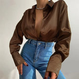 Long Sleeve Blouses Women Tops 2023 Vintage Blue Green Silk Shirt Casual Loose Button Up Female Shirts Fashion Tops
