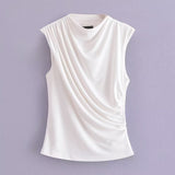 Spring Pleated Sleeveless Blouse With Round Collar