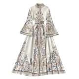 Zingj Dress New Vintage Print Round Neck Horn Sleeve Dress Women's Single Breasted Large Pendulum Irregular Pleated Long