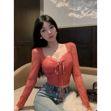 Sweet Girl Red Lace T-shirt for Women's Autumn and Winter Slim Fit Long-sleeved Square Collar Top Fashion Female