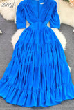 Women Pleated Long Dress Vintage V-Neck Short Sleeve High Waist A-Line Green/Blue/Brown Big Swing Maxi Vestidos