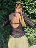 Summer See Through Mesh Smock Crop Tops Women Beach Distressed Crochet Fairycore Y2K Retro Long Sleeve T Shirt