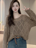 Zingj Lazy Wind Hollow Out V-Neck Sweater Female Spring And Summer 2024 New Fashion Versatile Show Thin Long-Sleeved