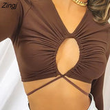 Women’s Long Sleeve T-shirt Fashion Solid Color Hollow Tie-up Exposed Navel Tops Spring Autumn Streetwear