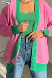 Cardigans for Women 2023 Knit Long Sleeve Pink Green V Neck Female Loose Button Up Knitted Oversized Cardigan