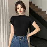 Half Turtleneck Short Sleeve T-Shirts Women Y2k Crop Tops Fashion Top Slim Blouse Chic Korean