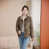 Autumn And Winter New Fashion Standing Collar Down Jacket Female Short Money Pressure Glue White Duck Velvet Light Warm Coat To Wear Both Sides-Outfit