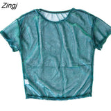 Women Ladies Solid See-Through Vintage Shiny Tops Short Sleeve Summer T-Shirt Casual