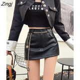 PU Leather Skirts Women Mini Sexy Girls Slim Fashion Korean Style Vintage All-match A-line Females High Waist Pockets