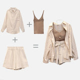 Summer Women Three piece sets Casual Linen Plaid Tops + Shorts Elastic Waist Wide Leg Pants Suit Set 3 Piece