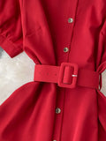 Vintage Green/Blue/Red Turn-Down Collar Single Breasted Dress Casual Short Sleeve High Waist A-Line Midi Robe New