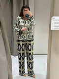 Women Fashion Geometric Printed Pants Suit Casual Lapel Single Breasted Shirt Loose Trousers Set New Female Chic
