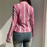 Zingj Retro Pink Striped Long Sleeve Shirt Women's Polo Collar Slim Slim Single Breasted
