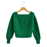 New Square Collar Long-Sleeved Twist Textured Short Sweater In
