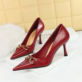 Zingj Retro High Heels Women's Shoes Fine Heel High Heel Shallow Pointed Metal Belt Buckle Decorative Single