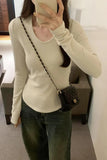 Pleated Waist Bottomed T-Shirt Women's New Hair-Grabbing Multicolor Shoulder Long-Sleeved T-Shirt In Autumn And