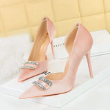 Zingj Banquet High Heels Female Shoes With Thick Suede Shallow Tip Side Hollow Ultra High Heel Water Diamond Buckle Single