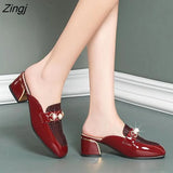 Women Baotou Half Slippers 2023 Fashion Metal Chain Square Toe Thick Heel British Style Office Casual Shoes Spring