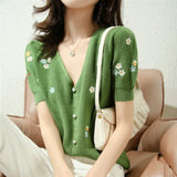 summer ice silk cotton short sleeve new small full body embroidery Knitted Top T-shirt