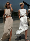 Zingj And Linen Suit Summer 2024 Short Style Sleeveless Elastic Waist Top Trousers Slit Two-Piece