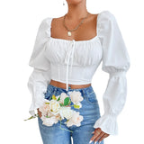 Zingj And Summer Women Pure White Long Sleeve Front Chest With Open Back Sexy Waist Shirt