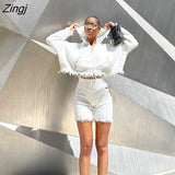 Autumn Ribbed Knit Zipper Women Hoodie Two Piece Set Khaki Long Sleeve Top Short Pant Female Slim Fashion Matching