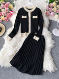 Autumn Women's Knitted 2 Piece Set Chic Office Ladies Single Breasted Cardigan Sweater + Pleated Knee-Length Skirt