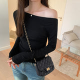 Color Long-Sleeved T-Shirt Women's Autumn New Design Sense Minority Shoulder Blouse Slim And Thin Bottomed