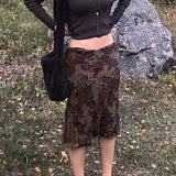 New Women's Dress Wish Summer Fashion Auricularia Auricula Side Mesh Brown Printed