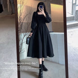 Black Elegant Dress Women Vintage Long Sleeve Spring Autumn Dresses Square Collar Oversize Loose Casual Robe
