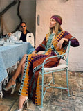 Ethnic Style V Neck Slit Maxi Dresses Women Patchwork Dot Printed Long Sleeve Loose Dress 2024 Chic Summer Street