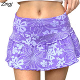 Women's Summer Ruffles A-Line Mini Skirt Y2K Style High Waist Floral Print Frill Trim Above Knee Short Skirt