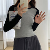 Shoulder Long-Sleeved T-Shirt Women's Spring And Autumn Color Foreign-Style Blouse Thread Slim Short Style Bottomed Blouse