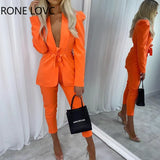 Women Solid Casual Elegant Puff Sleeves Sashes Spring/Autumn Calf-length Pants Blazer