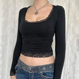 Zingj Girl Y2k Wind Bow Lace T Shirt Female Slim Long Sleeve Square Collar Simple Base Bottom